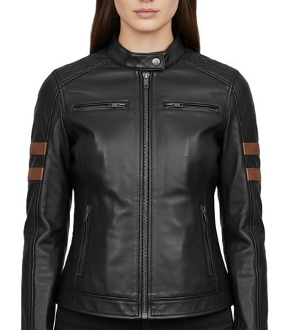 Womens Black Cafe Racer Leather Jacket with Cognac Stripe - Full Look