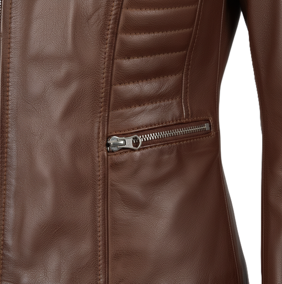 Womens Brown Leather Biker Jacket - Full Look