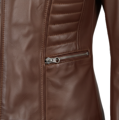 Womens Brown Leather Biker Jacket - Full Look