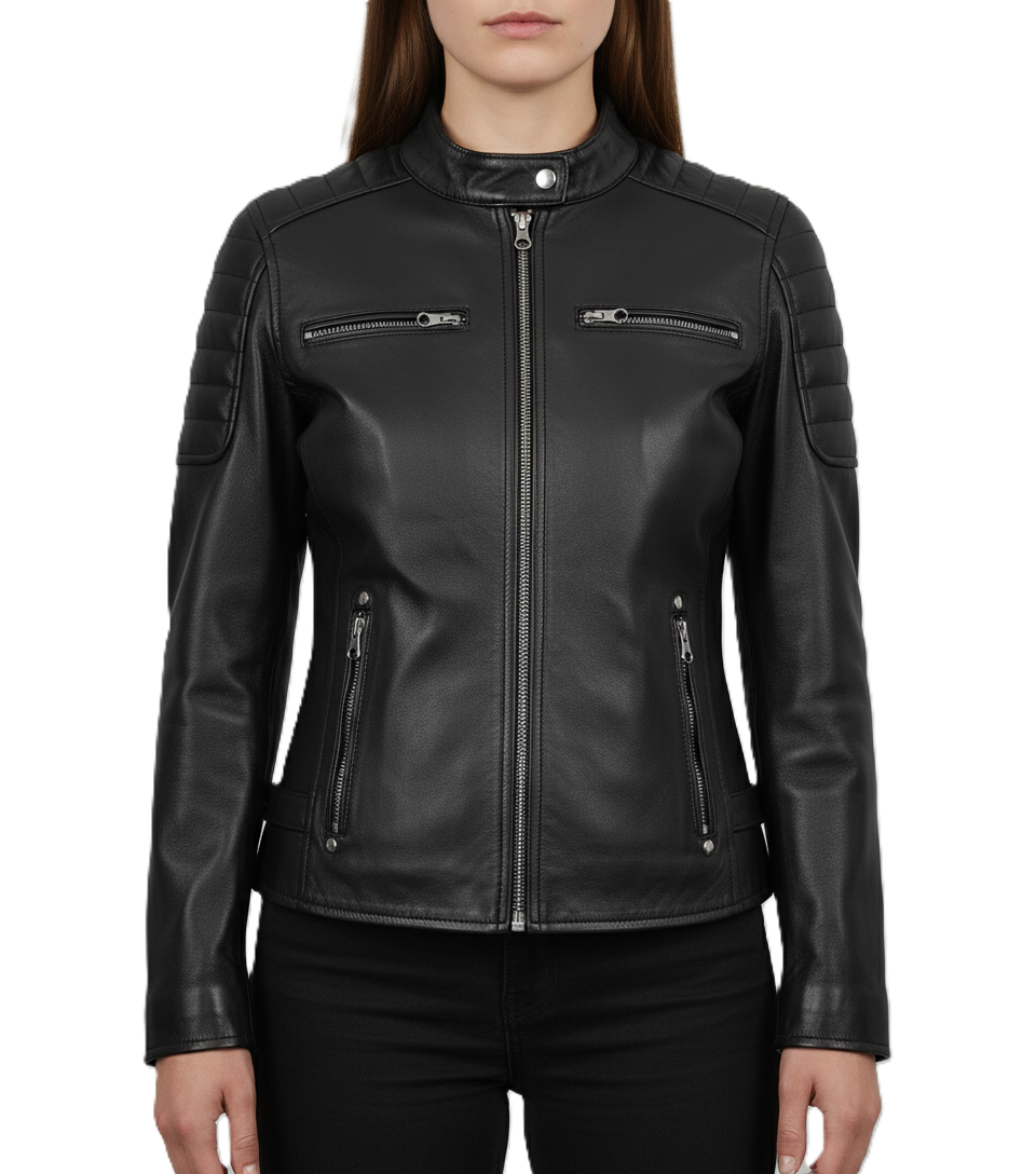Womens Black Leather Cafe Racer Jacket with Shoulder Padding - Front View
