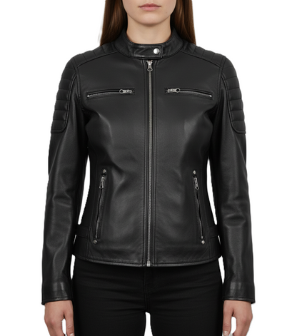 Womens Black Leather Cafe Racer Jacket with Shoulder Padding - Front View