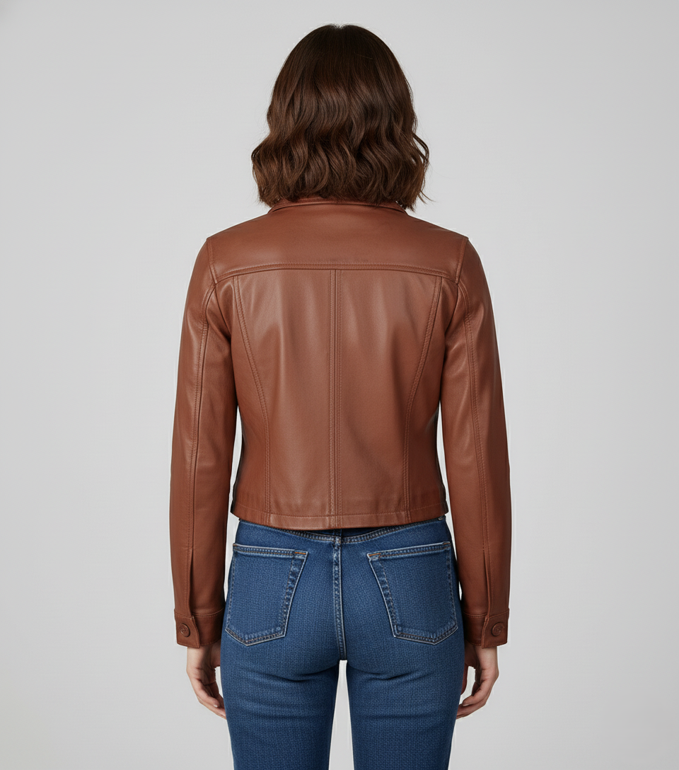 Brown Cropped Leather Jacket for Women - Back View