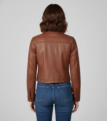 Brown Cropped Leather Jacket for Women - Back View