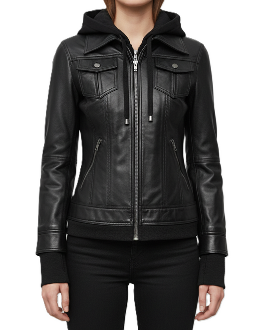 Womens Black Leather Jacket with Removable Hood - Front View