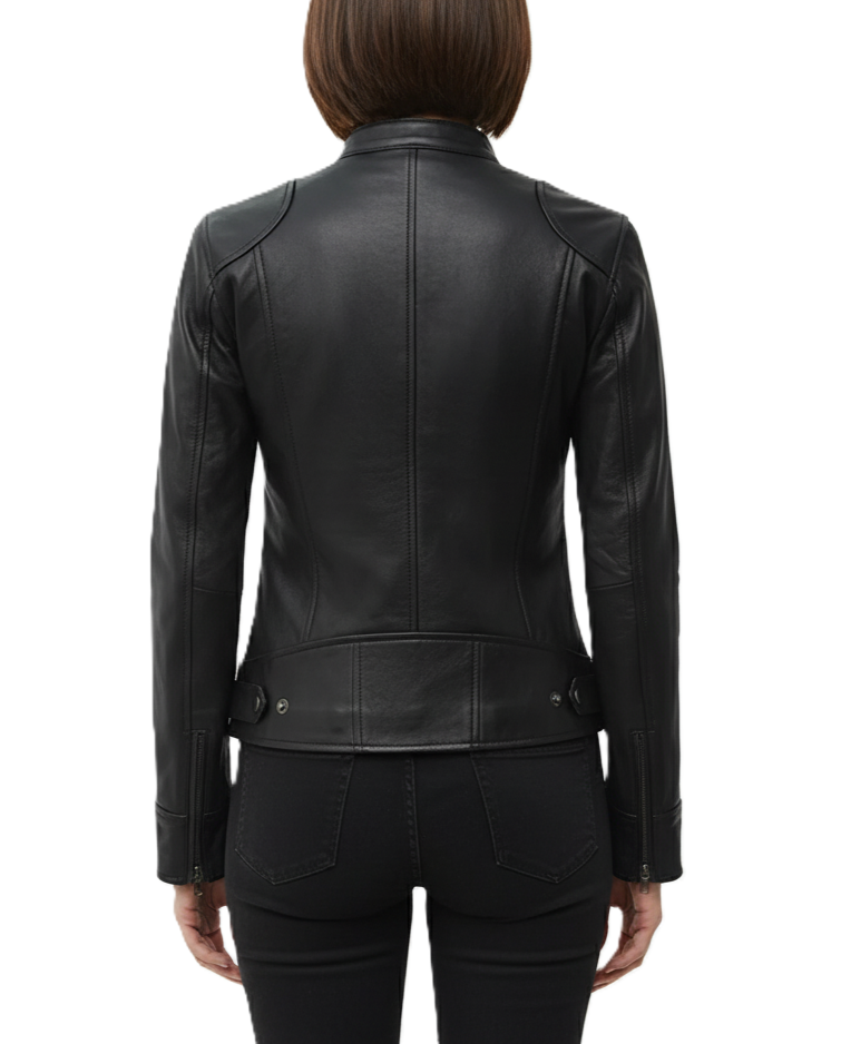 Black Leather Biker Jacket for Women Genuine Leather - Back View