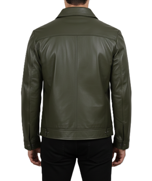 Mens Olive Green Leather Harrington Jacket - Back View