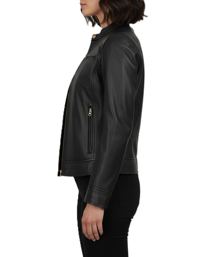 Womens Black Leather Biker Jacket - Detail View