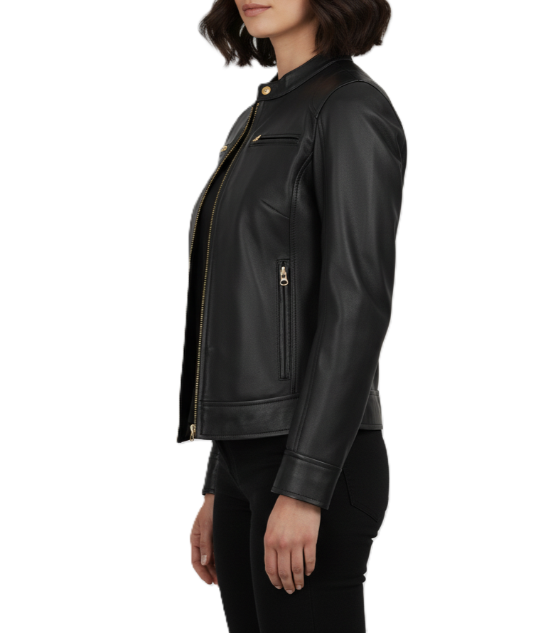 Womens Black Leather Biker Jacket - Side View