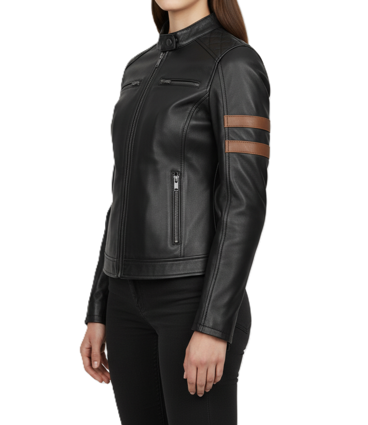 Womens Black Cafe Racer Leather Jacket with Cognac Stripe - Side View