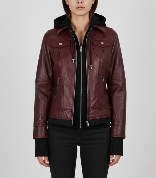 Womens Burgundy Leather Bomber Jacket - Front View