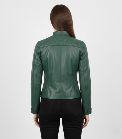 Womens Quilted Green Leather Cafe Racer Jacket - Back View
