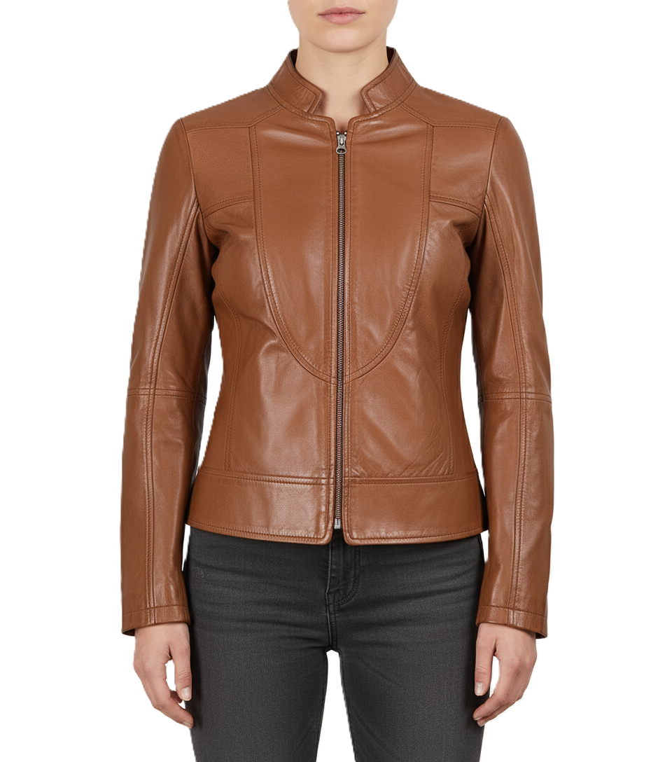 Womens Tan Cafe Racer Leather Jacket - Front View