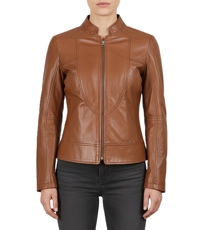 Womens Tan Cafe Racer Leather Jacket - Front View