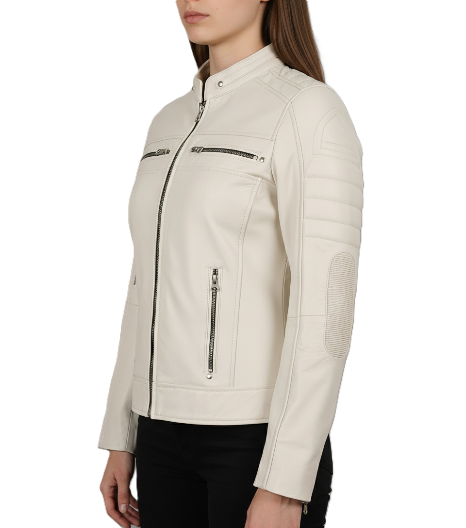 White Leather Biker Jacket for Womens - Side View