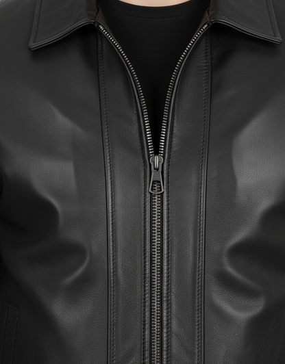 Mens Black Harrington Genuine Leather Jacket - Collar Detail