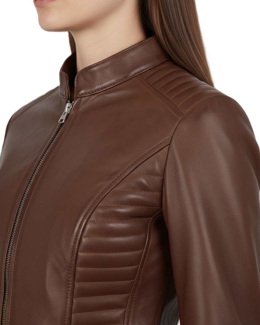 Womens Brown Leather Biker Jacket - Collar Detail