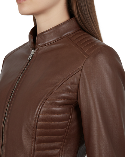 Womens Brown Leather Biker Jacket - Collar Detail