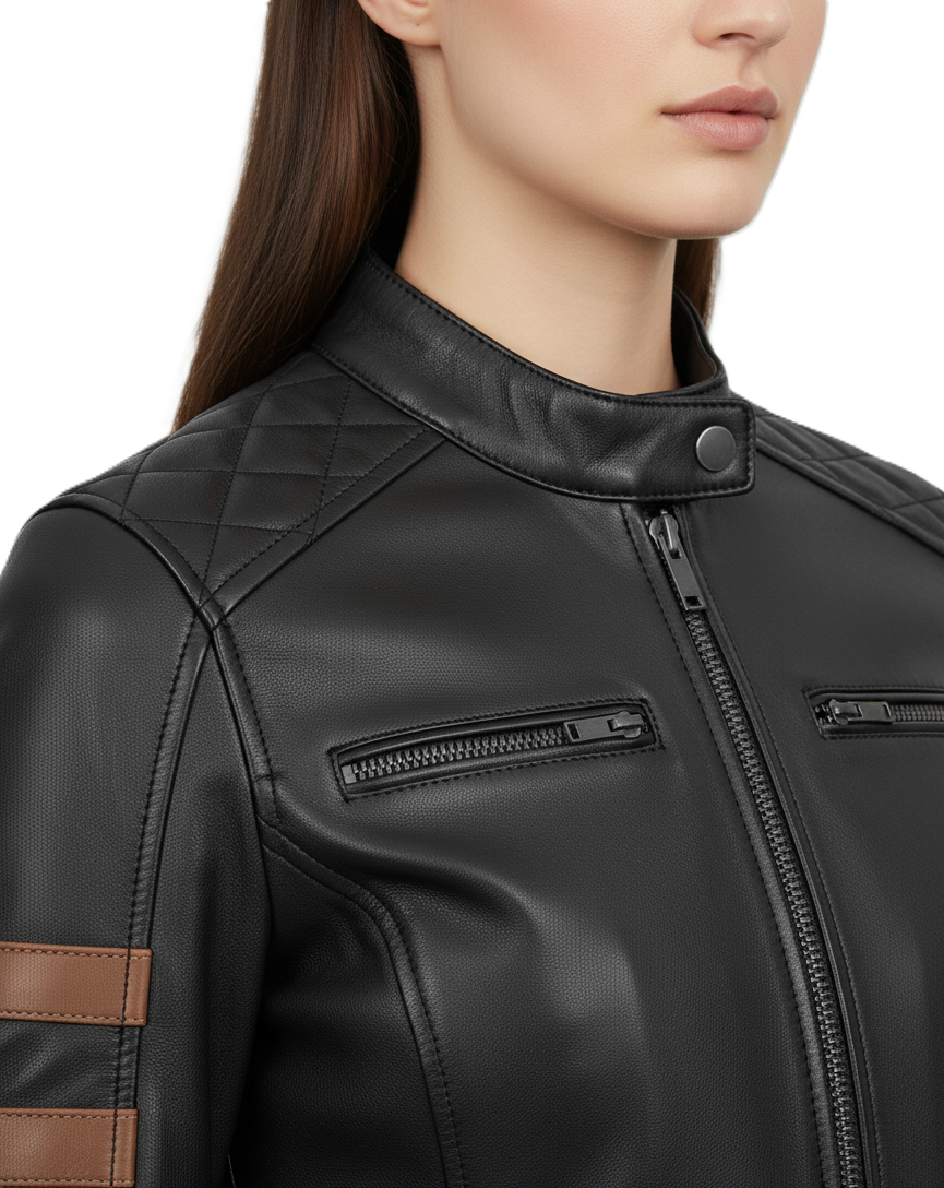 Womens Black Cafe Racer Leather Jacket with Cognac Stripe - Collar Detail