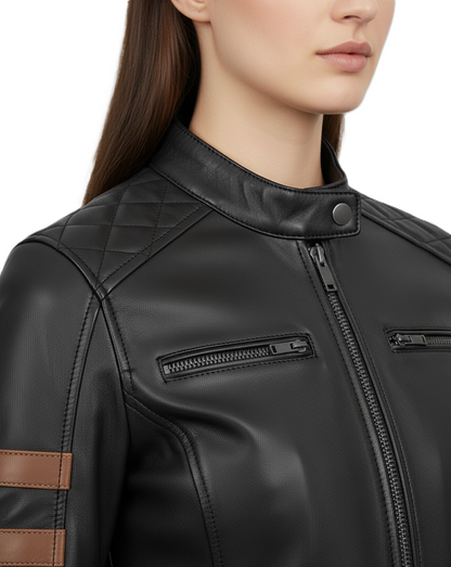 Womens Black Cafe Racer Leather Jacket with Cognac Stripe - Collar Detail