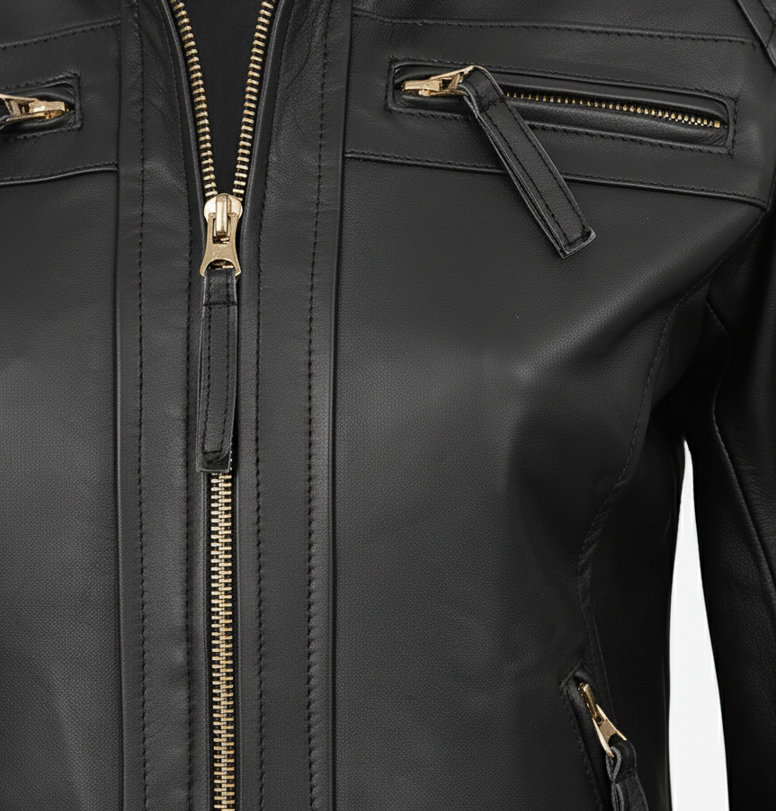 Womens Quilted Black Leather Jacket - Full Look