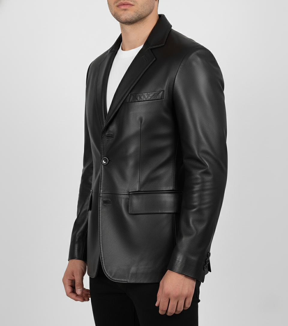 Men's Black Leather Blazer Real Lambskin Formal Coat - Side View