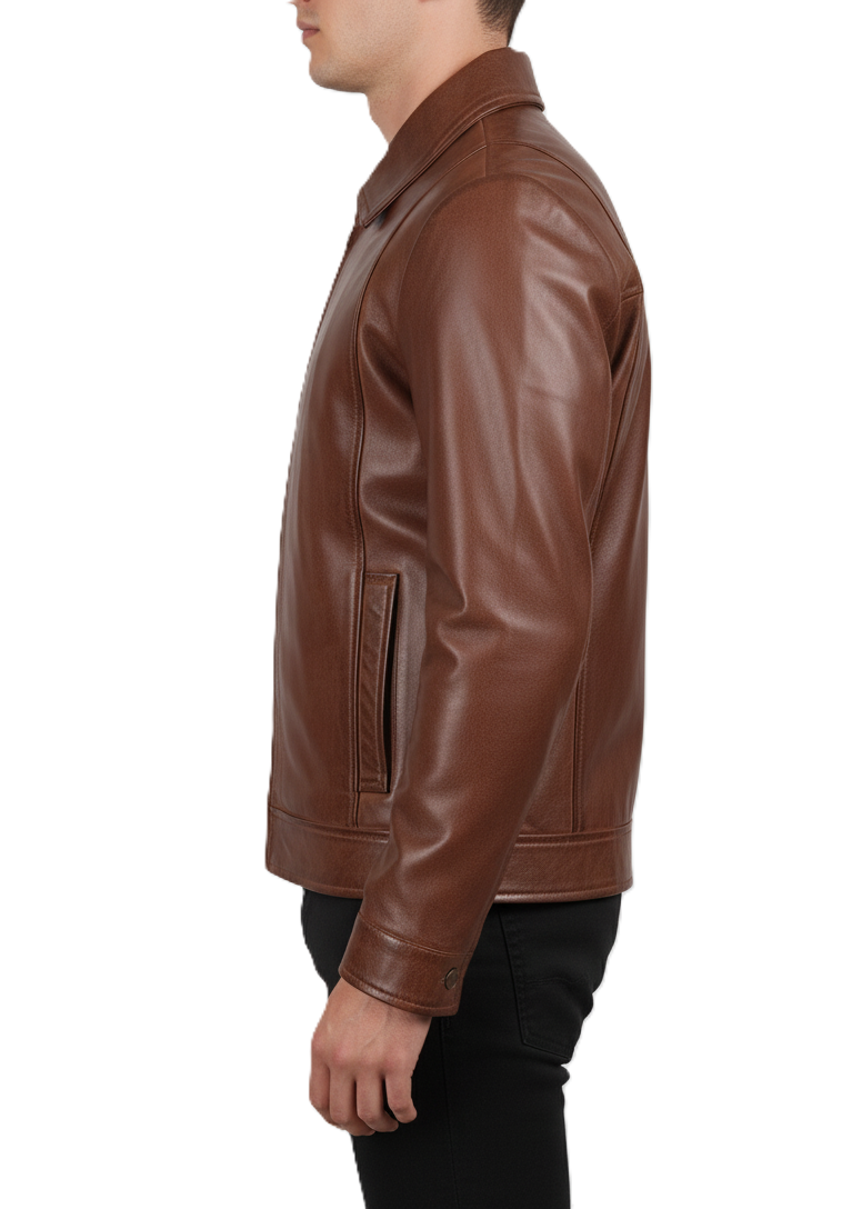 Mens Brown Leather Shirt Jacket - Side View