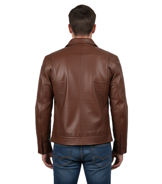 Mens Brown Leather Harrington Jacket - Back View