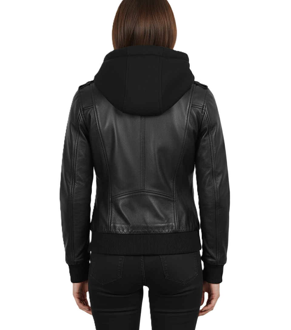Womens Black Hooded Leather Jacket Removable Hood - Back View