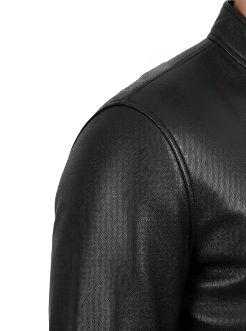 Mens Black Real Leather Biker Jacket Slim Fit - Collar Detail
