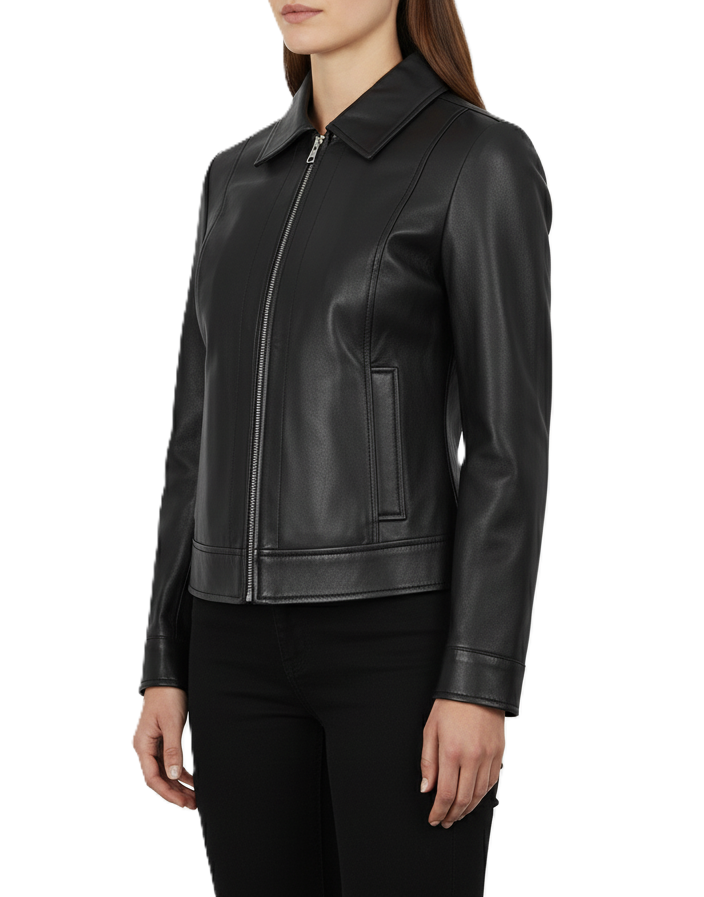 Womens Black Leather Harrington Jacket with Shirt Collar - Side View