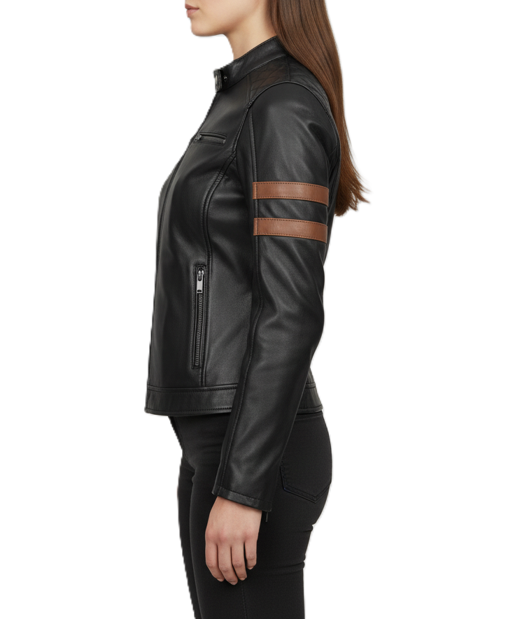 Womens Black Cafe Racer Leather Jacket with Cognac Stripe - Detail View