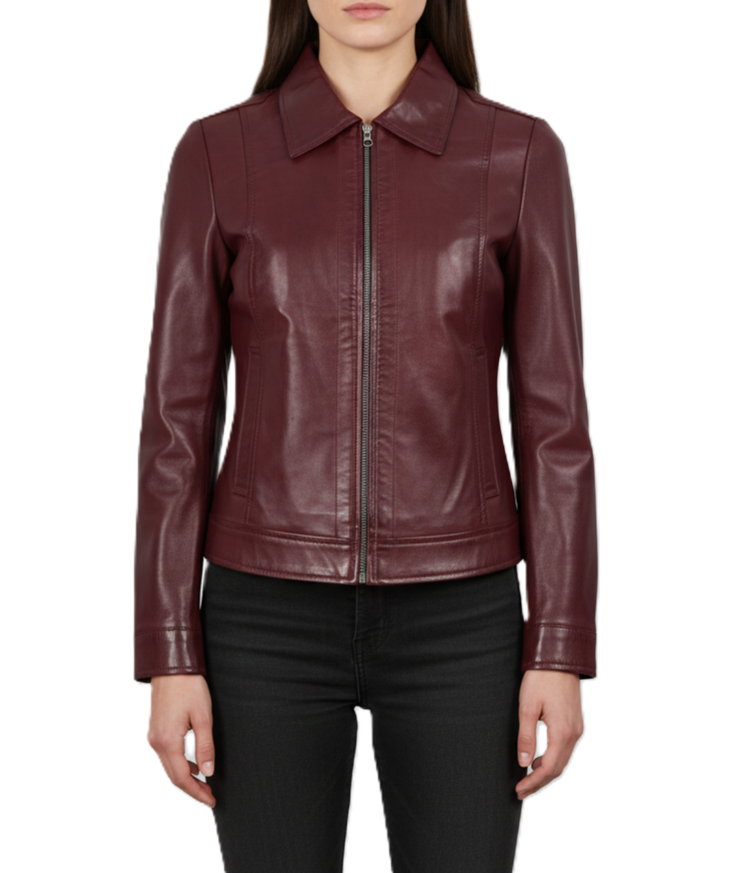 Womens Shirt Collar Maroon Leather Jacket - Front View