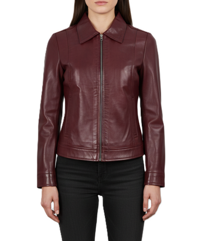 Womens Shirt Collar Maroon Leather Jacket - Front View