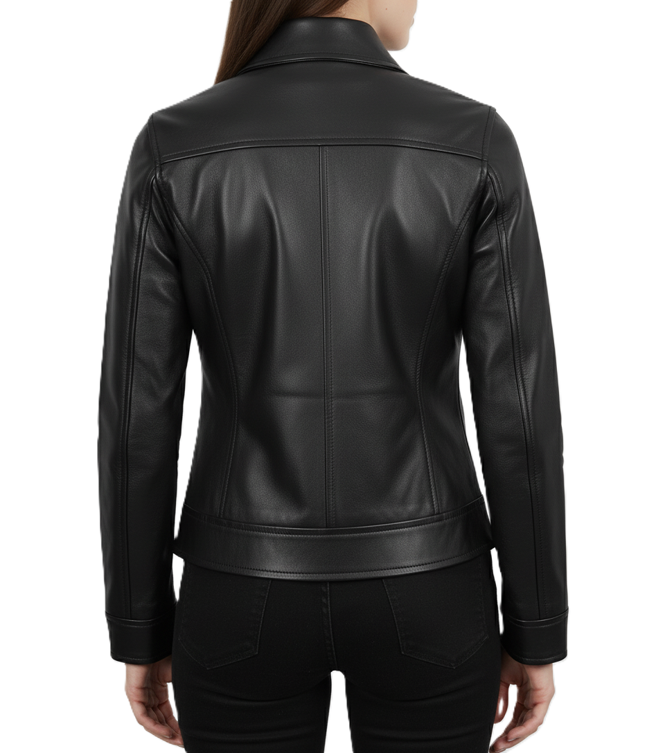 Womens Black Leather Jacket with Shirt Collar - Back View