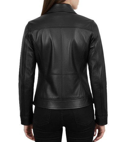 Womens Black Leather Jacket with Shirt Collar - Back View