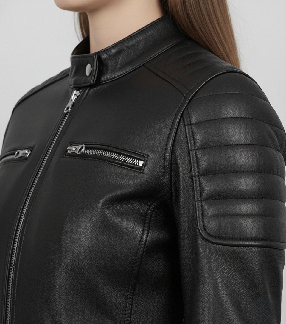 Womens Black Leather Cafe Racer Jacket with Shoulder Padding - Collar Detail