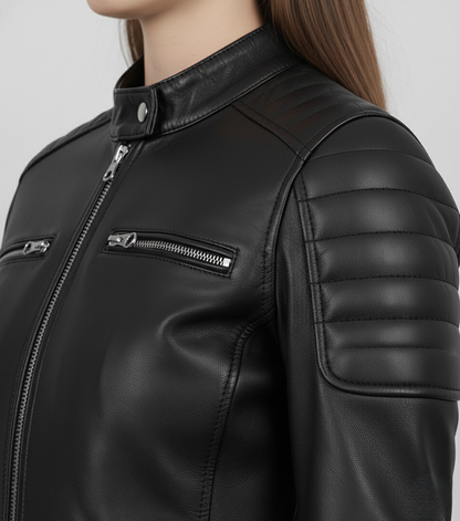 Womens Black Leather Cafe Racer Jacket with Shoulder Padding - Collar Detail