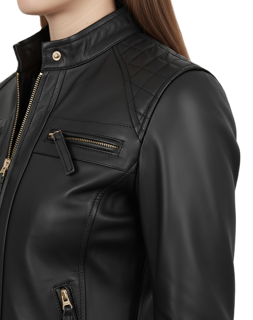Womens Quilted Black Leather Jacket - Collar Detail