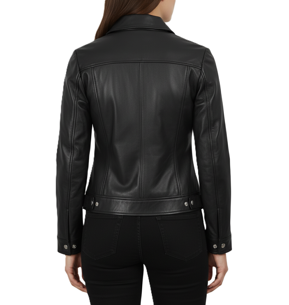 Womens Black Leather Harrington Jacket with Shirt Collar - Back View