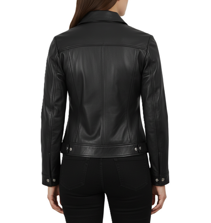 Womens Black Leather Harrington Jacket with Shirt Collar - Back View