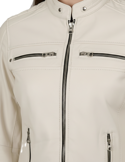 White Leather Biker Jacket for Womens - Full Look