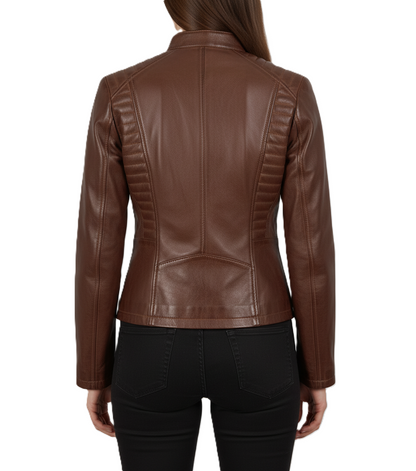 Womens Brown Leather Biker Jacket - Back View
