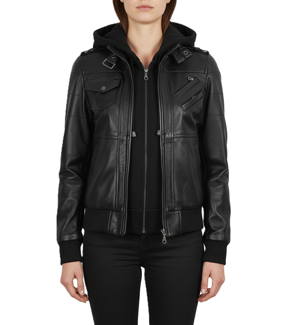 Womens Black Hooded Leather Jacket Removable Hood - Front View