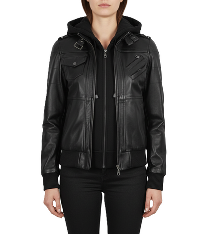Womens Black Hooded Leather Jacket Removable Hood - Front View