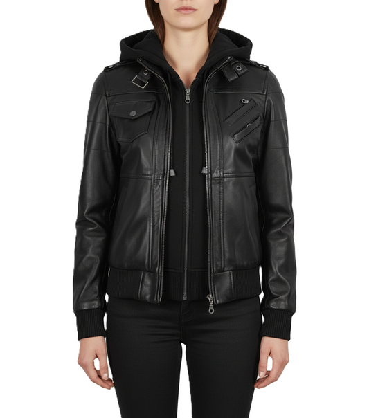 Womens Black Hooded Leather Jacket Removable Hood - Front View