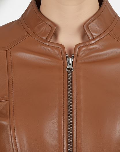 Womens Tan Cafe Racer Leather Jacket - Full Look