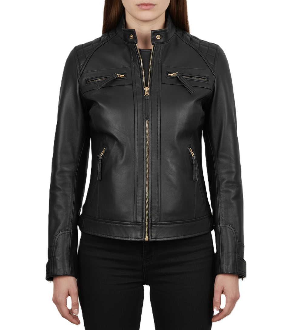 Womens Quilted Black Leather Jacket - Front View