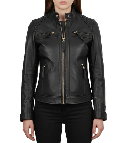 Womens Quilted Black Leather Jacket - Front View
