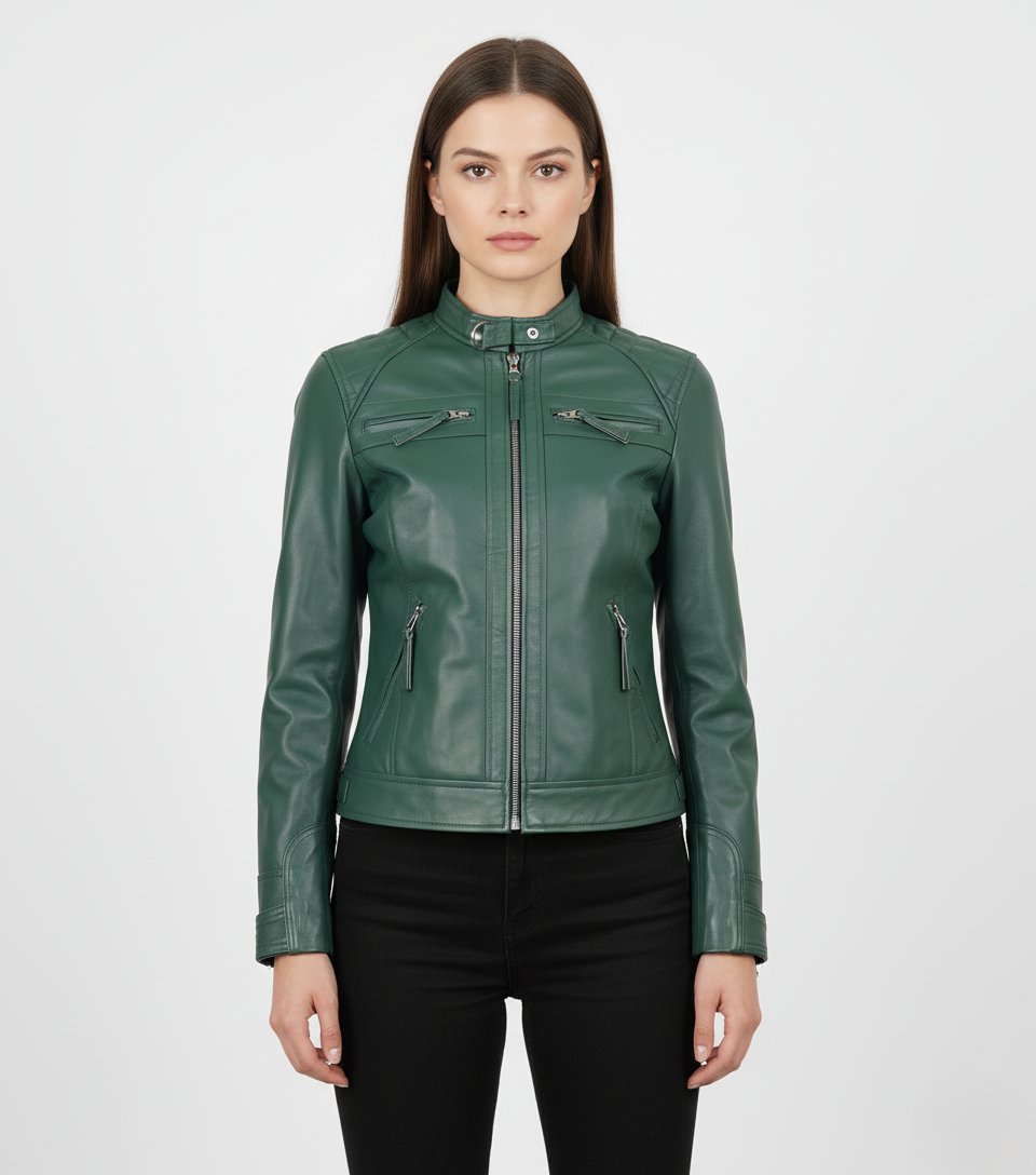 Womens Quilted Green Leather Cafe Racer Jacket - Front View