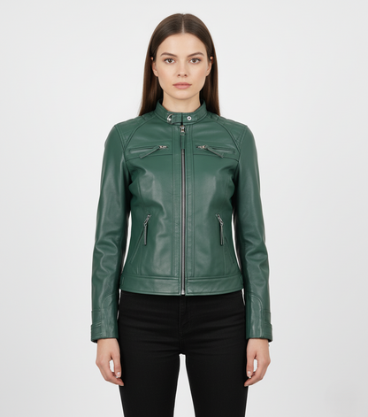 Womens Quilted Green Leather Cafe Racer Jacket - Front View